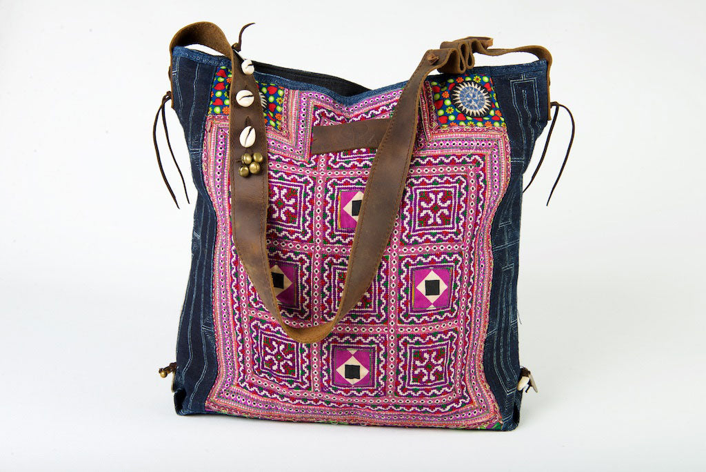 Little Rebel - Unique Handmade Boho Tote Handbag With Leather Detail - Purple