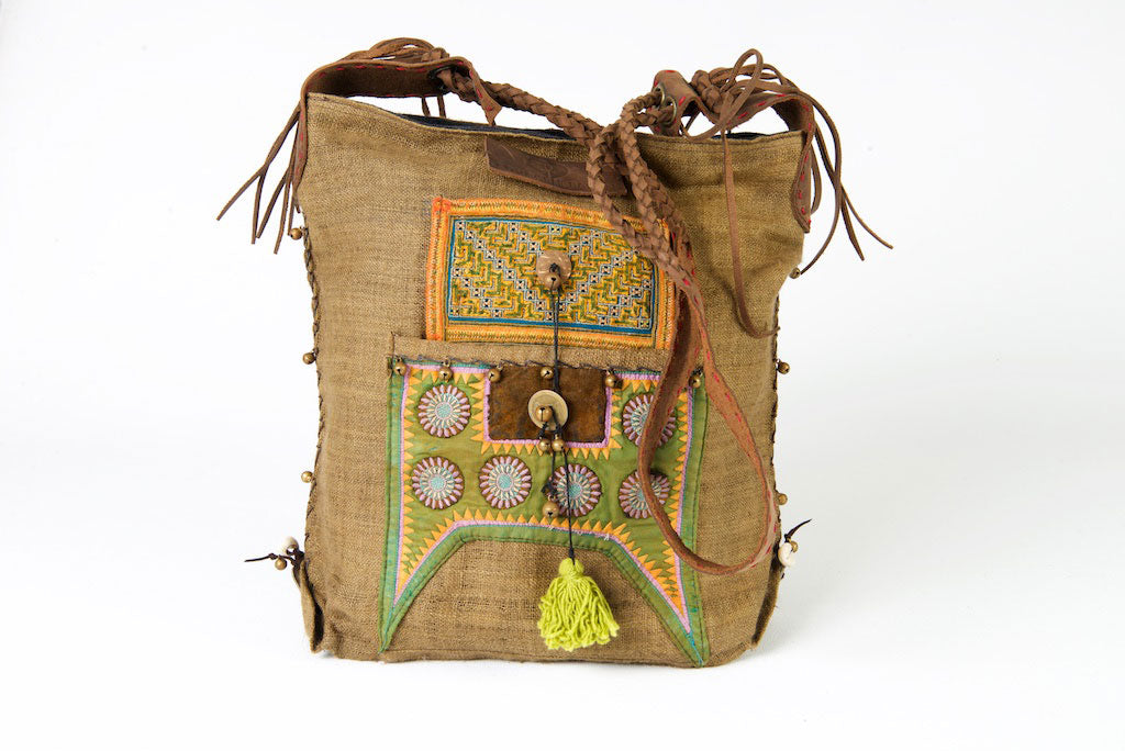 Sabrina - Vintage Shoulder Bag in Chocolate Colour Hemp & Vintage Hmong Fabric