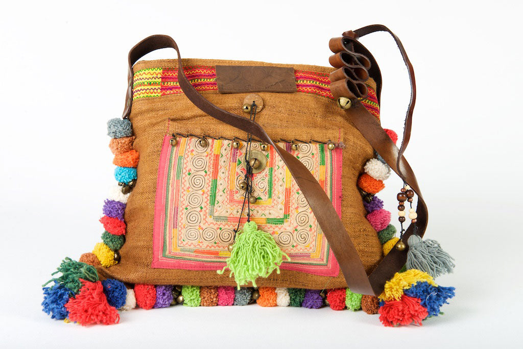 Roman Holiday - Vintage Boho Shoulder Bag in Caramel Hemp + Vintage Hmong Tribal Fabric