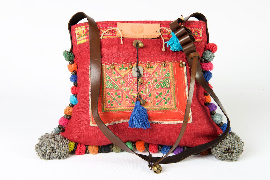 Roman Holiday - Vintage Boho Shoulder Bag in Watermelon Red Hemp With One Of A Kind Multi Coloured Detail