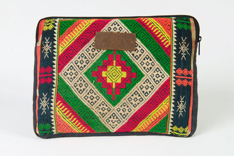 Laptop Bag 13 Inch Boho Gold & Green One Of A Kind Made From Vintage Hmong Tribal Fabric