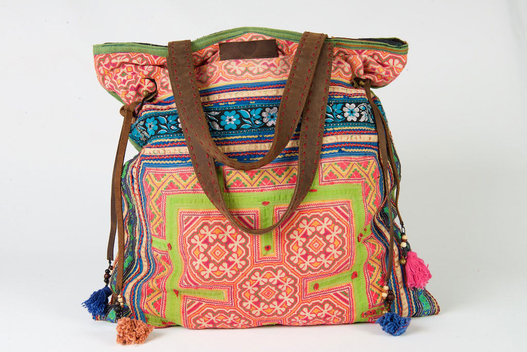 Casablanca - Large Vintage Boho Shoulder Bag Hmong Antique Red, Green and Blue Fabric
