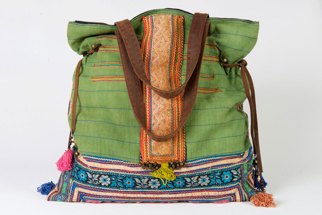 Casablanca - Large Vintage Boho Shoulder Bag Hmong Antique Red, Green and Blue Fabric