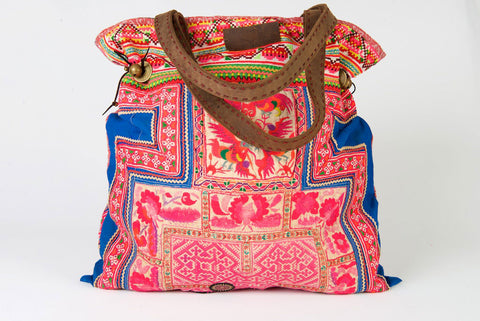 Casablanca - Large Vintage Boho Shoulder Bag Hmong Fabric Pink Coloured