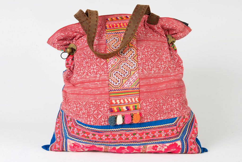 Casablanca - Large Vintage Boho Shoulder Bag Hmong Fabric Pink Coloured