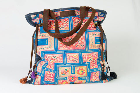 Casablanca - Large Vintage Boho Shoulder Bag Hmong Antique Blue, Orange & Purple Fabric