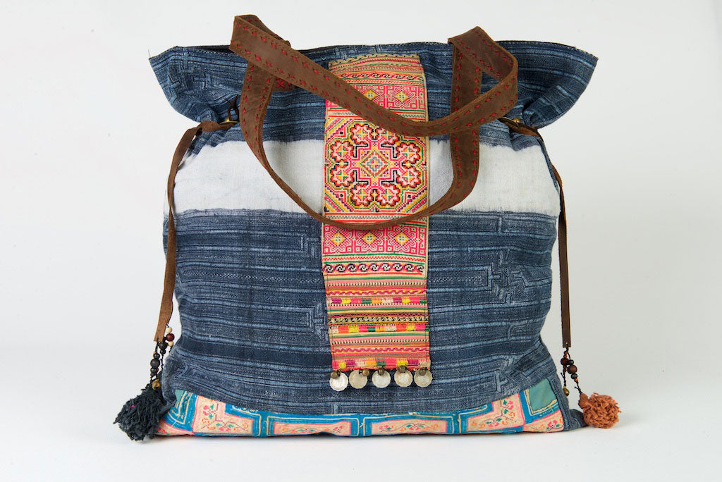 Casablanca - Large Vintage Boho Shoulder Bag Hmong Antique Blue, Orange & Purple Fabric