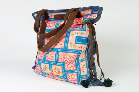 Casablanca - Large Vintage Boho Shoulder Bag Hmong Antique Blue, Orange & Purple Fabric
