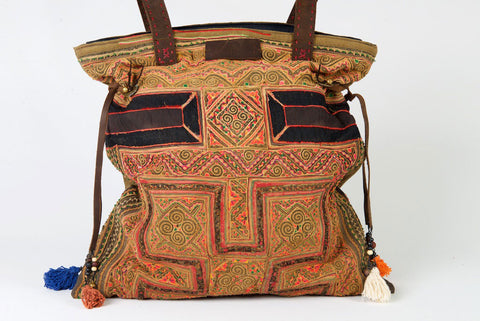 Casablanca - Large Vintage Boho Shoulder Bag Hmong Antique Ochre & Olive Fabric