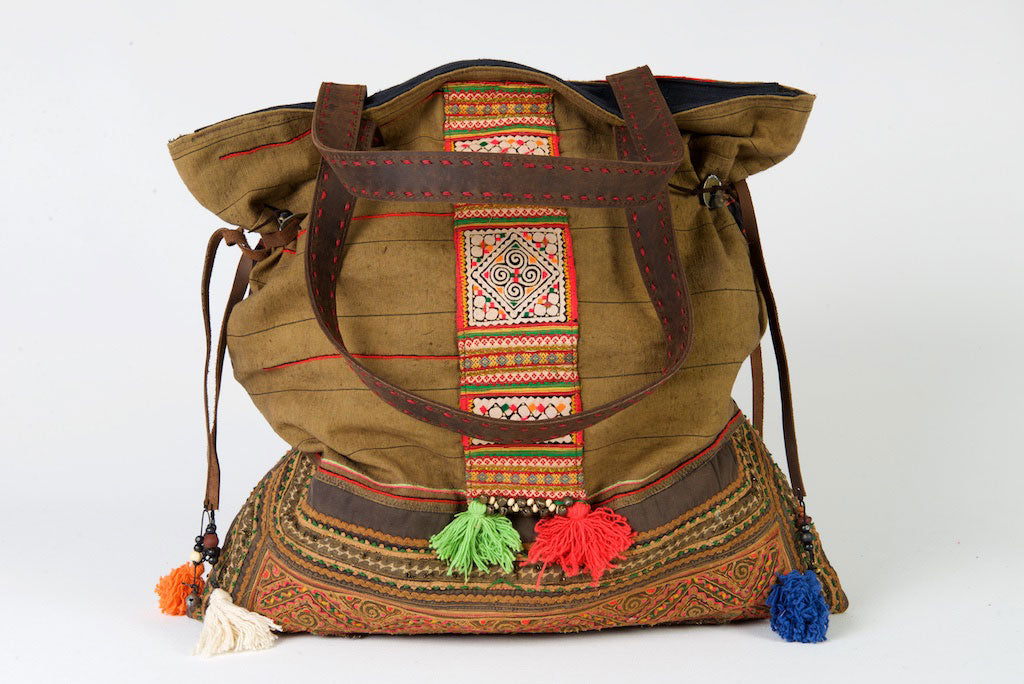 Casablanca - Large Vintage Boho Shoulder Bag Hmong Antique Ochre & Olive Fabric