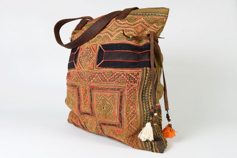 Casablanca - Large Vintage Boho Shoulder Bag Hmong Antique Ochre & Olive Fabric