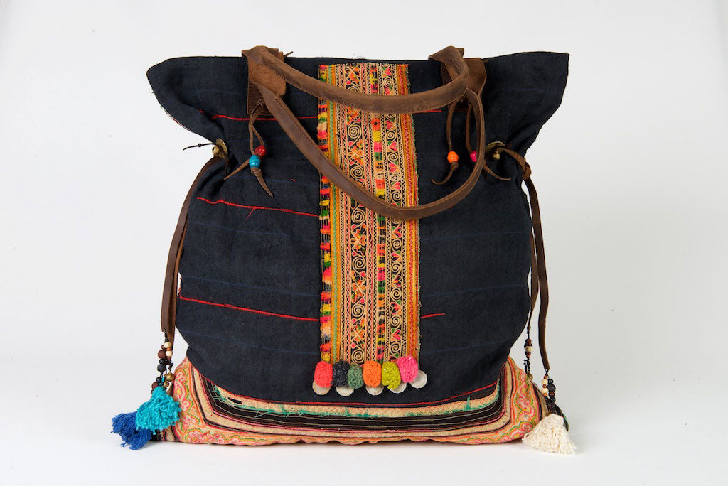 Casablanca - Large Vintage Boho Shoulder Bag Hmong Antique Pink, Yellow & Green Fabric