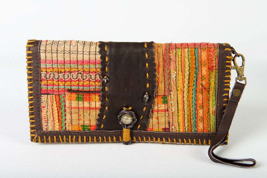 Vintage Boho Wallet One-Of-A-Kind Gold Tribal Fabric With Leather Strap & Clasp