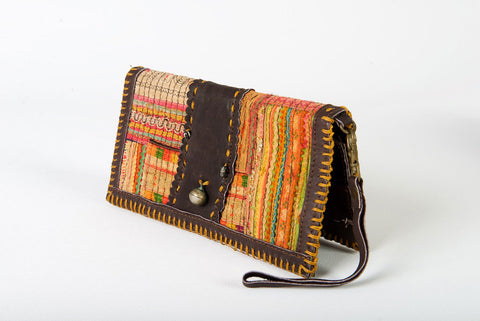 Vintage Boho Wallet One-Of-A-Kind Gold Tribal Fabric With Leather Strap & Clasp