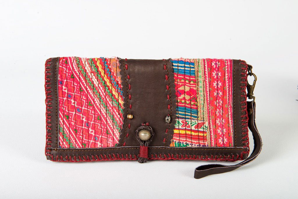 Vintage Boho Wallet One-Of-A-Kind Tribal Fabric Pink With Leather Strap & Clasp