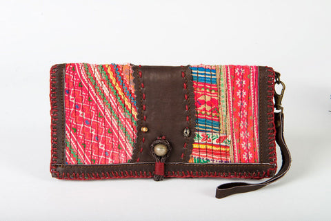 Vintage Boho Wallet One-Of-A-Kind Tribal Fabric Pink With Leather Strap & Clasp