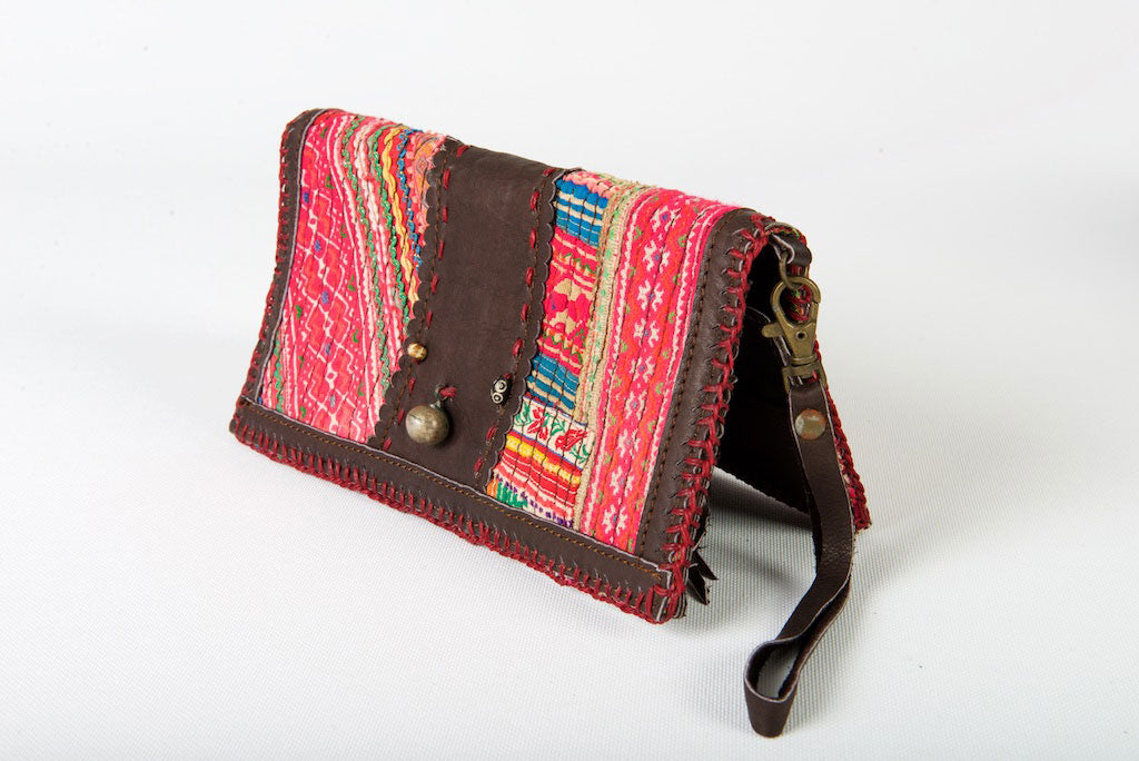 Vintage Boho Wallet One-Of-A-Kind Tribal Fabric Pink With Leather Strap & Clasp