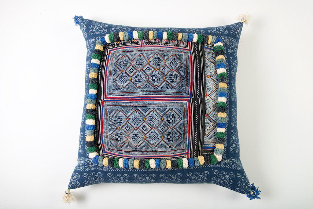 Hmong Tribal Cushion with Vintage Swatch and PomPoms 60cm x 60cm