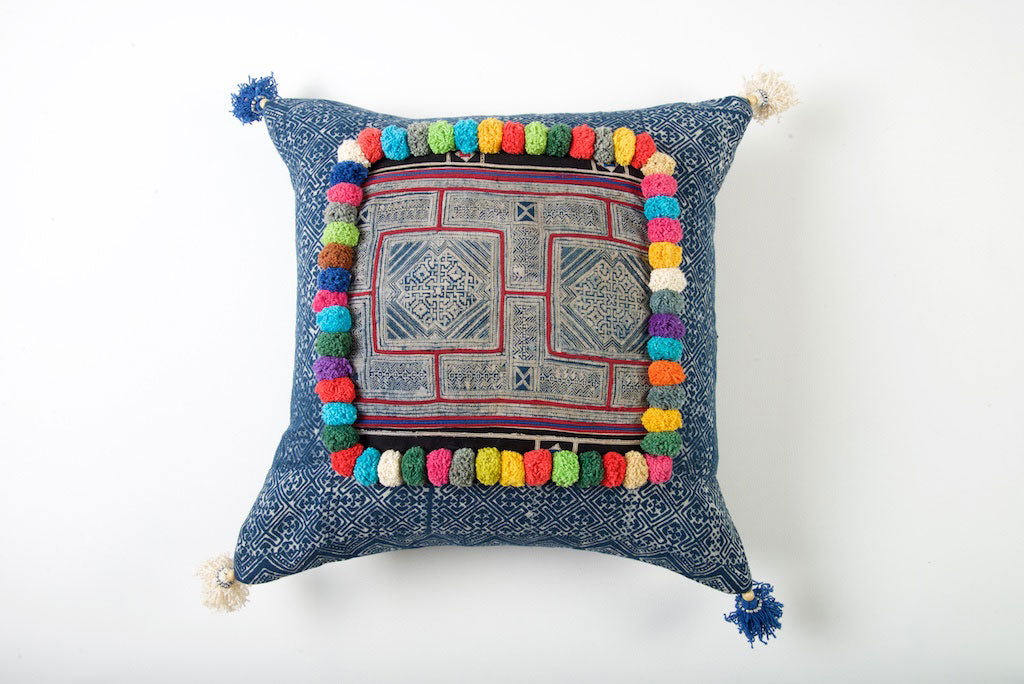 Hmong Tribal Cushion with Vintage Swatch and PomPoms 45cm x 45cm