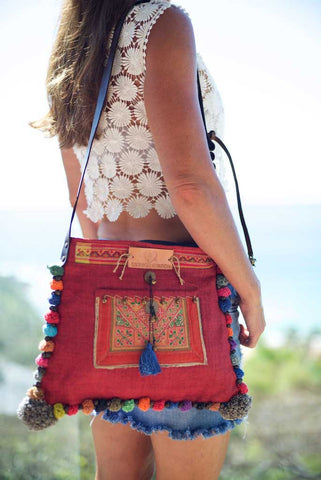 Roman Holiday - Vintage Boho Shoulder Bag in Watermelon Red Hemp With One Of A Kind Multi Coloured Detail