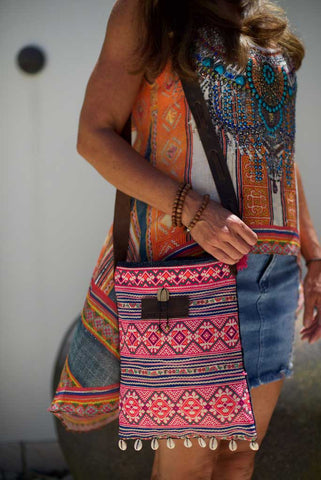 Bohemian Rhapsody - Pink & Sunned Blue Shoulder Boho Bag Hmong Shells Crossbody