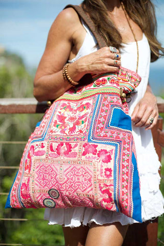 Casablanca - Large Vintage Boho Shoulder Bag Hmong Fabric Pink Coloured