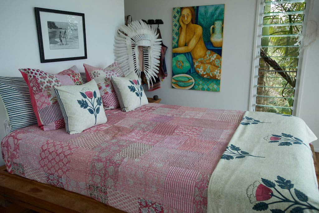 Kantha Vintage Patchwork Quilt 100% Indian Cotton Hand Block Printed in Pink Tones