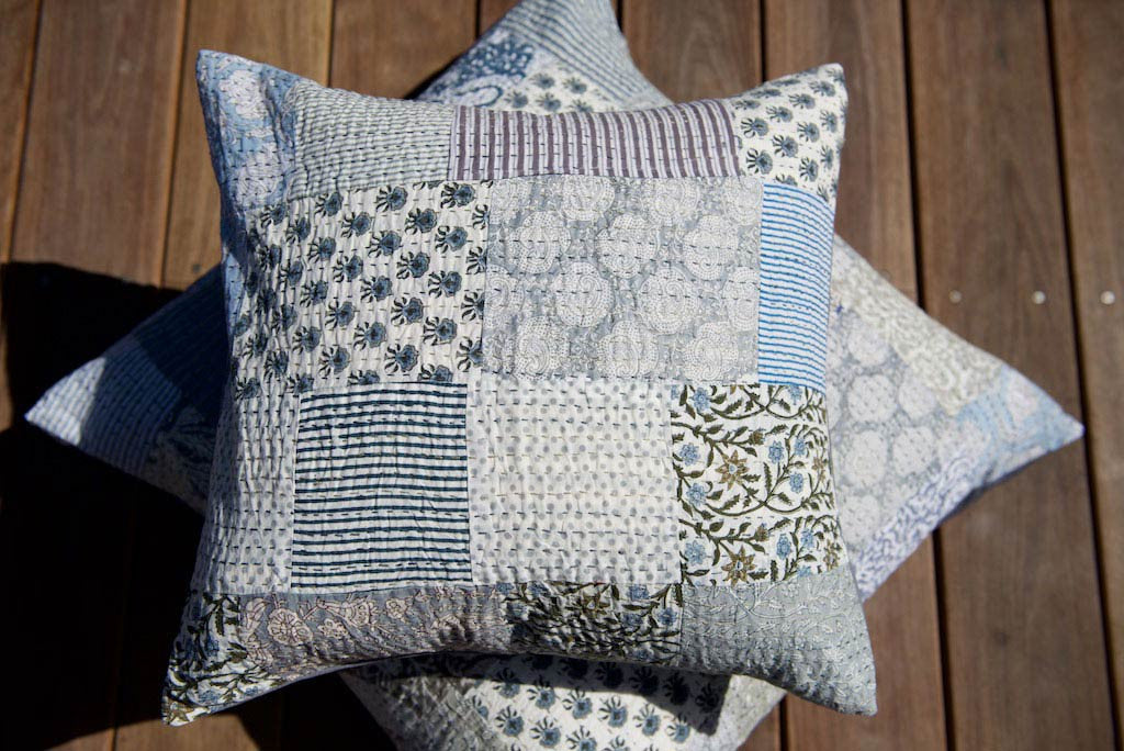 Kantha Vintage Patchwork Blue Boho Cushion 45cm x 45cm