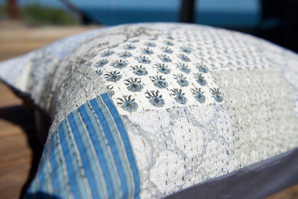Kantha Vintage Patchwork Blue Boho Cushion 45cm x 45cm