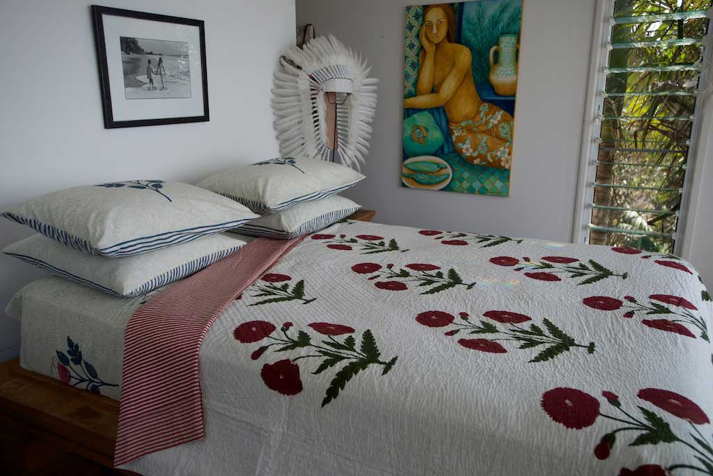 Luxury Hand Block Printed Handstitched Bedcover Queen in Indian Cotton Poppy Print- one only