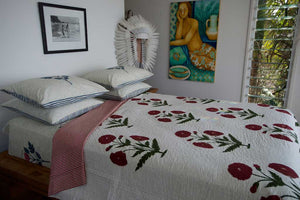 Luxury Hand Block Printed Handstitched Bedcover Queen in Indian Cotton Poppy Print- one only