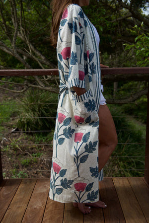 Kimono Robe (Long) Watermelon Colour Hand Blockprint Indian Cotton Free Size