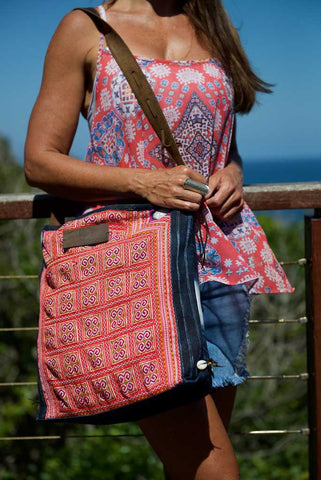 Little Rebel - Unique Handmade Boho Tote Handbag With Leather Detail -  Red & Purple