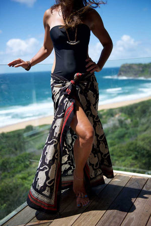 Sarong - Leopard Motif in Black & Crimson Hand Blockprint Indian Cotton