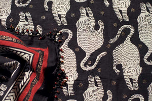 Sarong - Leopard Motif in Black & Crimson Hand Blockprint Indian Cotton