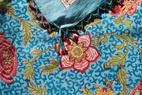 Sarong - Ocean Blue with Red & Gold Flowers Motif  Hand Blockprint Indian Cotton