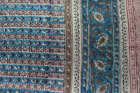 Sarong - Teal Blue & Brown with Flowers Motif  Hand Blockprint Indian Cotton