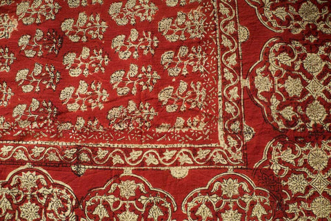 Sarong - Desert Red with Flowers & Gold Motif  Hand Blockprint Indian Cotton