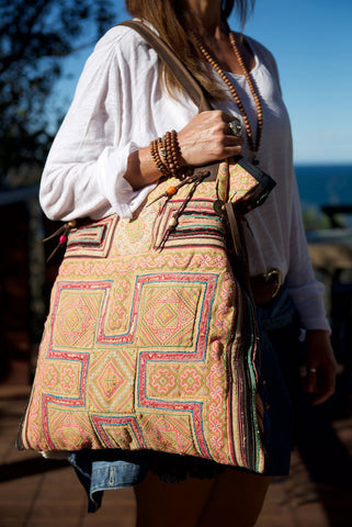 Casablanca - Large Vintage Boho Shoulder Bag Hmong Antique Pink, Yellow & Green Fabric