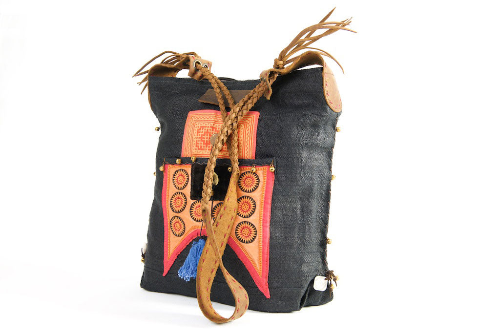 Sabrina - Vintage Shoulder Bag in Charcoal Black Hemp & Vintage Hmong Tribal Fabric