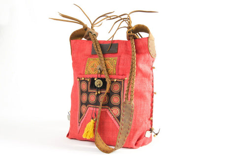 Sabrina - Vintage Shoulder Bag in Watermelon Red Hemp & Vintage Hmong Tribal Fabric