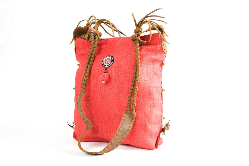 Sabrina - Vintage Shoulder Bag in Watermelon Red Hemp & Vintage Hmong Tribal Fabric