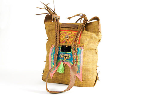 Sabrina - Vintage Shoulder Bag in Caramel Hemp & Vintage Hmong Tribal Fabric