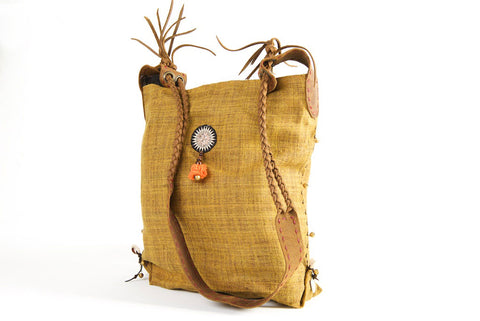 Sabrina - Vintage Shoulder Bag in Caramel Hemp & Vintage Hmong Tribal Fabric