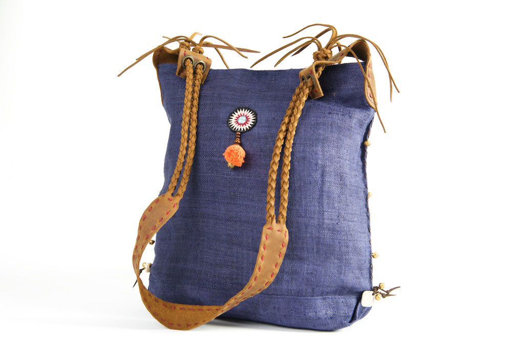 Sabrina - Vintage Shoulder Bag in Midnight Blue Hemp & Vintage Hmong Tribal Fabric