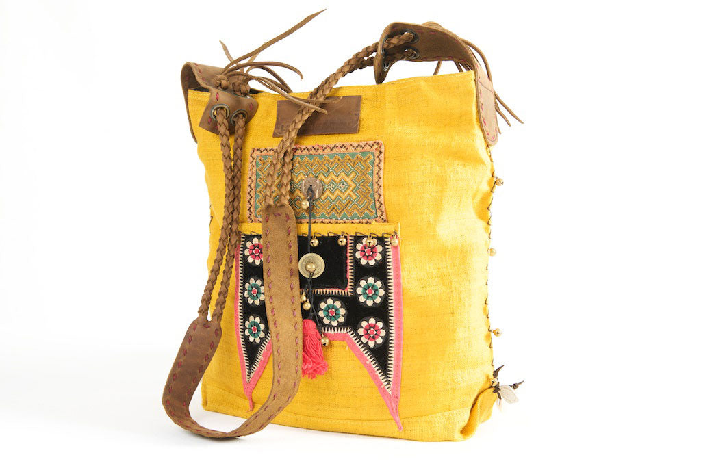 Sabrina - Vintage Shoulder Bag in Turmeric Gold Hemp & Vintage Hmong Tribal Fabric