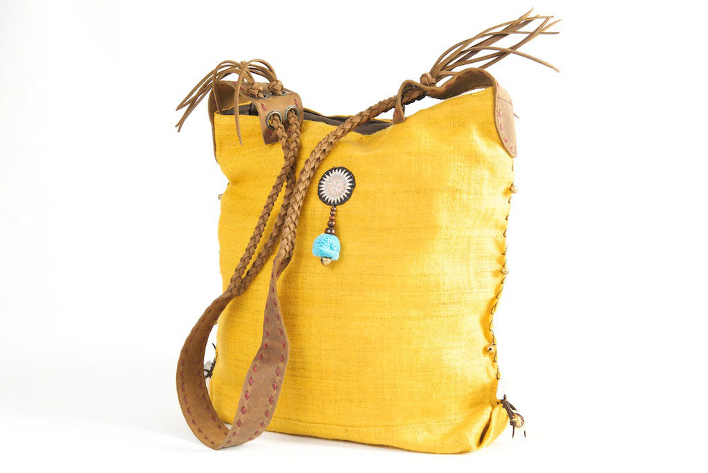 Sabrina - Vintage Shoulder Bag in Turmeric Gold Hemp & Vintage Hmong Tribal Fabric