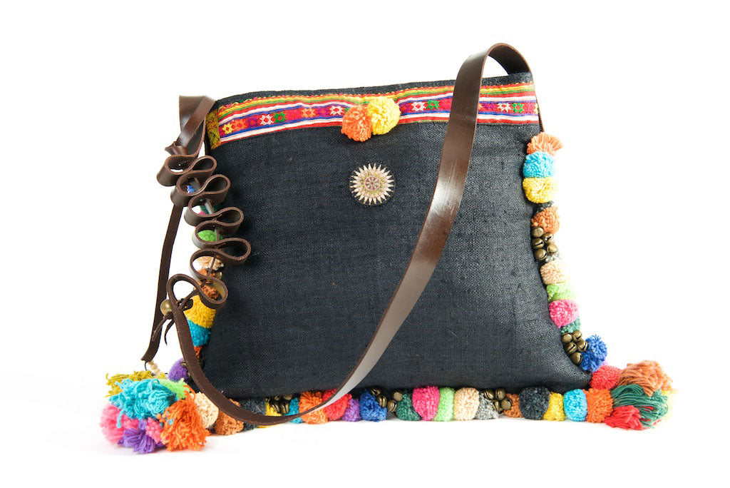 Roman Holiday - Vintage Boho Shoulder Bag in Charcoal Black Hemp - One Of A Kind Red & Black Detail