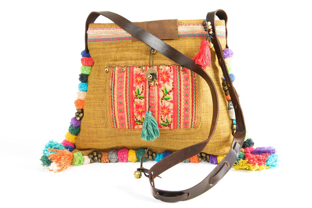 Roman Holiday - Vintage Boho Shoulder Bag in Caramel Hemp + Vintage Hmong Tribal Fabric