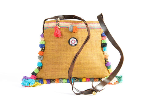 Roman Holiday - Vintage Boho Shoulder Bag in Caramel Hemp + Vintage Hmong Tribal Fabric